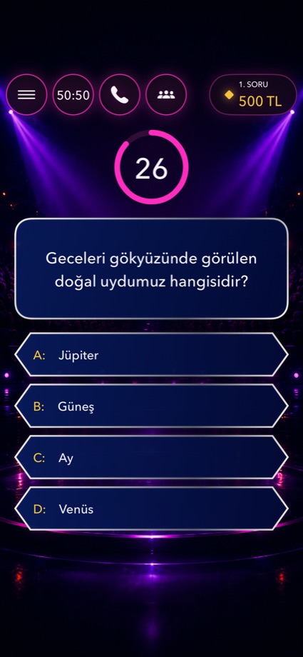 Bilgi Yarışması? soru, süre ve jokerler ekranı